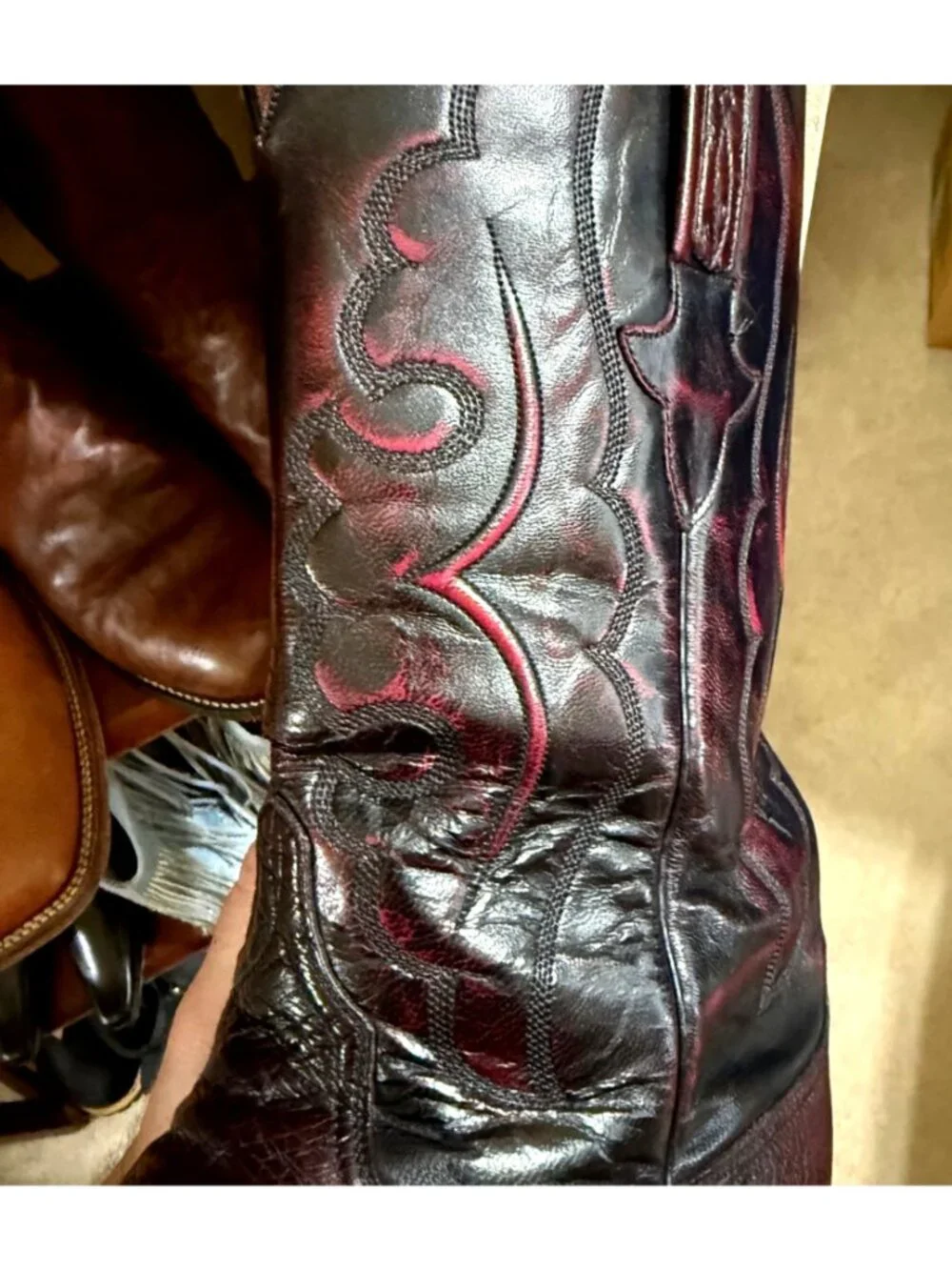 VTG Lucchese Classics Ostrich Cowboy Boots Men 12D Black Cherry Embossed Stitch